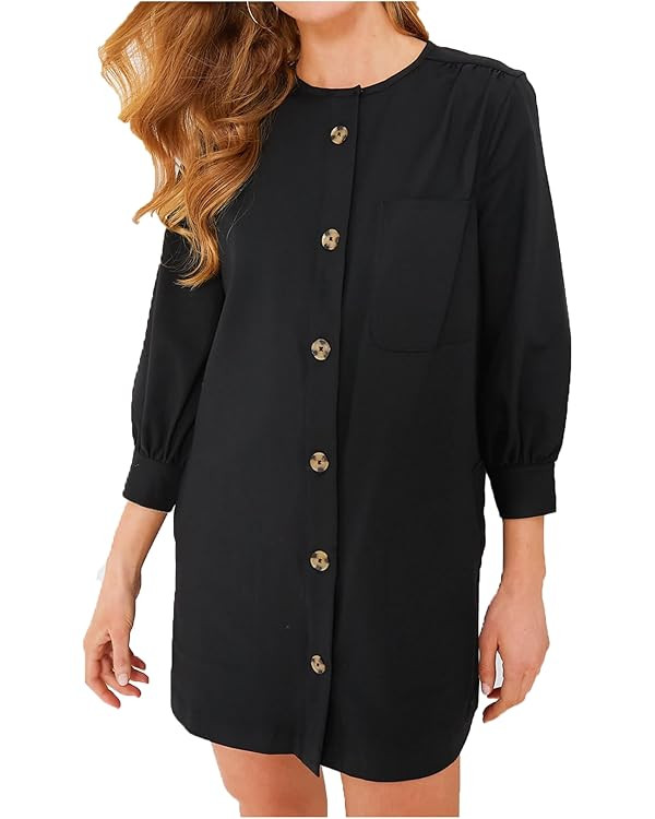 Women's Button Down Mini Dress Crewneck Long Puff Sleeve Loose Fit Shift Dresses with Pockets | Amazon (US)