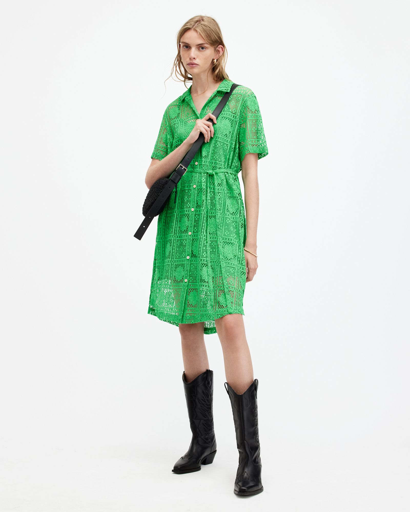 Athea Crochet Mini Shirt Dress SPECTRA GREEN | ALLSAINTS | AllSaints UK