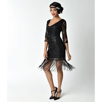 Unique Vintage Women's Beaded & Sequin Margaux Fringe Cocktail Dress Black S/4-6 | Target