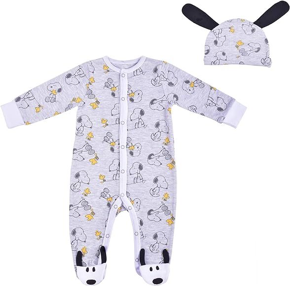 Peanuts Boy's Snoopy Footed Coverall Bodysuit Onesie with Hat Set | Amazon (US)
