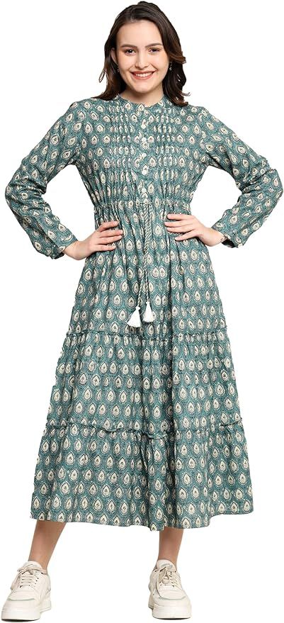 Handmade Hand Block Printed Cotton Full Sleeve Maxi Dress Gift for Women | Amazon (US)