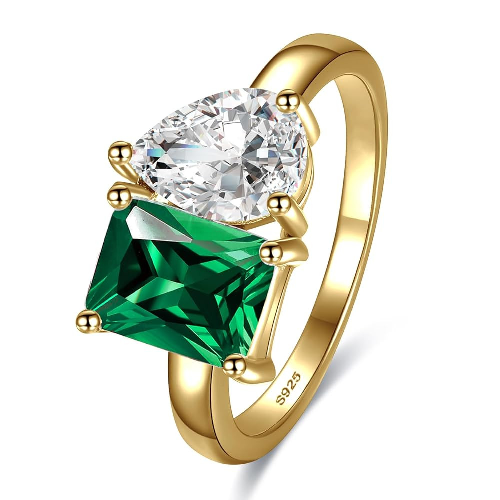 2.75ct 14K Gold Plated Toi Et Moi Women's Engagement Ring 6x8mm Pear & Emerald Cut Double Stone R... | Amazon (US)