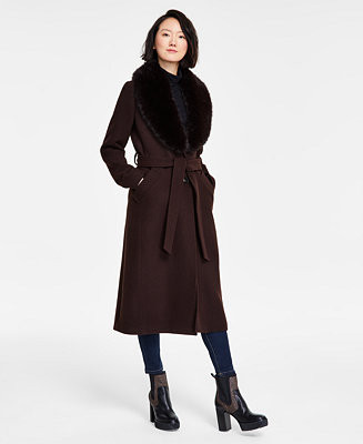 Women's Faux-Fur-Collar Belted Coat | Macy's
