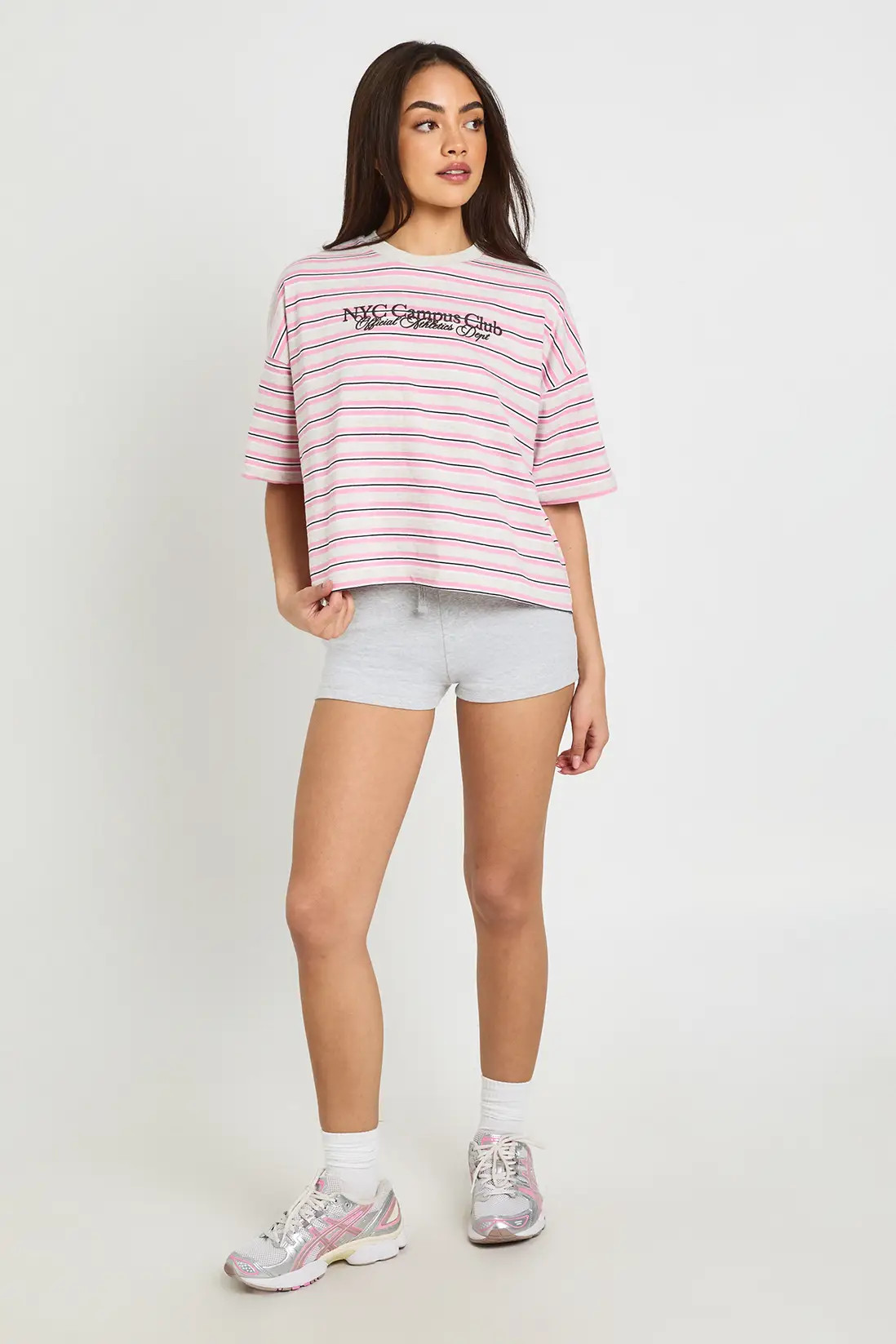 Pink NYC Embroidered Boxy Crop Stripe T- Shirt | Boohoo | Boohoo.com (UK & IE)