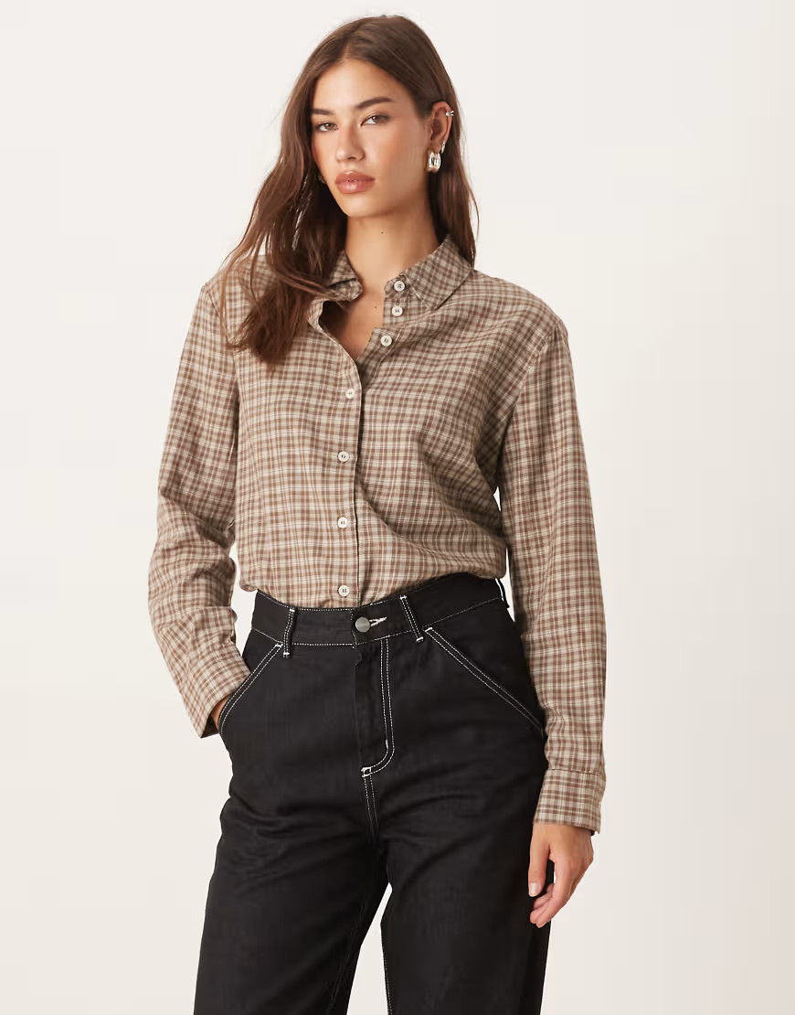 AWARE oversized boyfriend fit oxford shirt in beige and brown mini check print | ASOS (Global)
