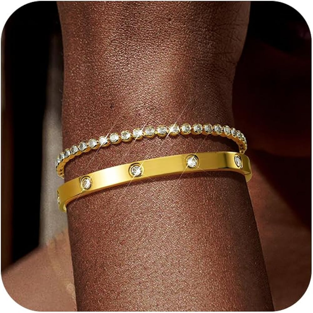 Howoo Gold Bracelets for Women 14K Gold Bangle Zirconia Tennis Link Bracelet Mesh Bracelets Watch... | Amazon (US)