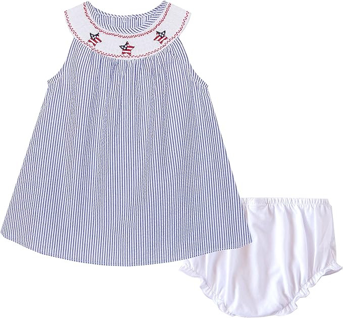 Good Lad Newborn/Infant Girls Navy Seersucker July 4th Smocked Collar Dress | Amazon (US)