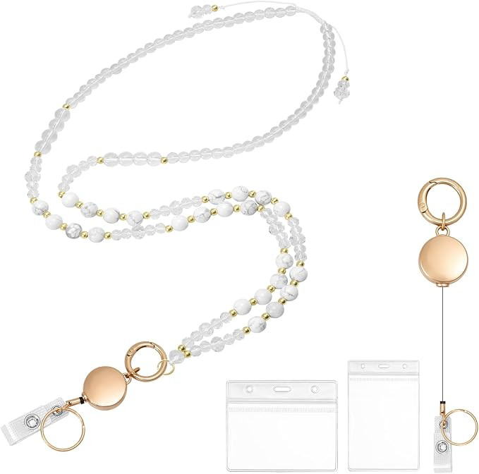 Dadanism Retractable Lanyards for ID Badges and Keys, White Howlite | Natural Stone Beaded Lanyar... | Amazon (US)