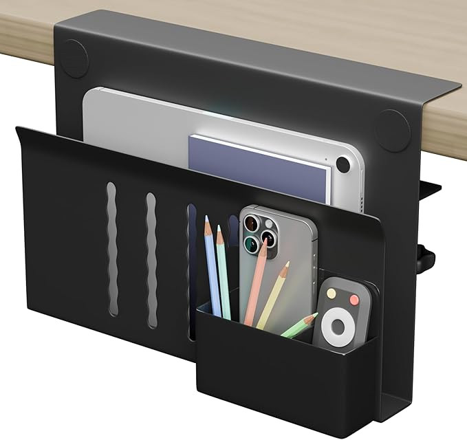 Desk Side Storage with Pen Holder, No Drill Hanging Desk Organizer Under Desk Storage Mount, Clam... | Amazon (US)