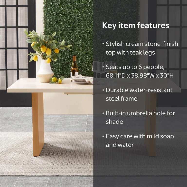 Better Homes & Gardens Vista Outdoor Dining Table, Cream Stone-Finish Metal Top with Teak Hand-Pa... | Walmart (US)