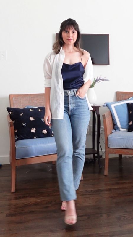 Casual denim outfit look, agolde jeans, petite style, Abercrombie top, sheer button down, loewe 