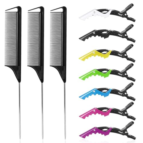 10Packs Rat Tail Comb Hair Clips Set，3Pcs Rat Tail Combs，Parting Comb and 7Pcs Alligator Styling Sectioning Clips of Professional Hair Salon Quality(Black) | Amazon (US)