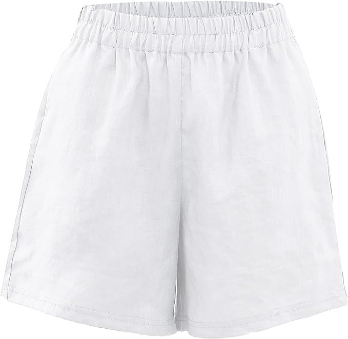 Amazhiyu Womens 100% Linen Casual Summer High Waist Shorts with Pockets | Amazon (US)