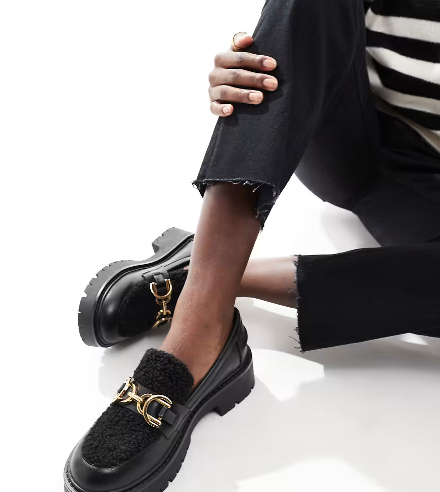 London Rebel Roxy wide fit chunky loafers with teddy faux fur in black | ASOS (Global)