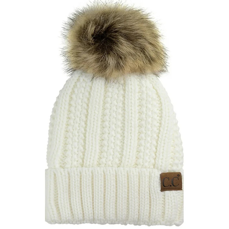 C.C Thick Cable Knit Faux Fuzzy Fur Pom Fleece Lined Skull Cap Cuff Beanie, Ivory | Walmart (US)