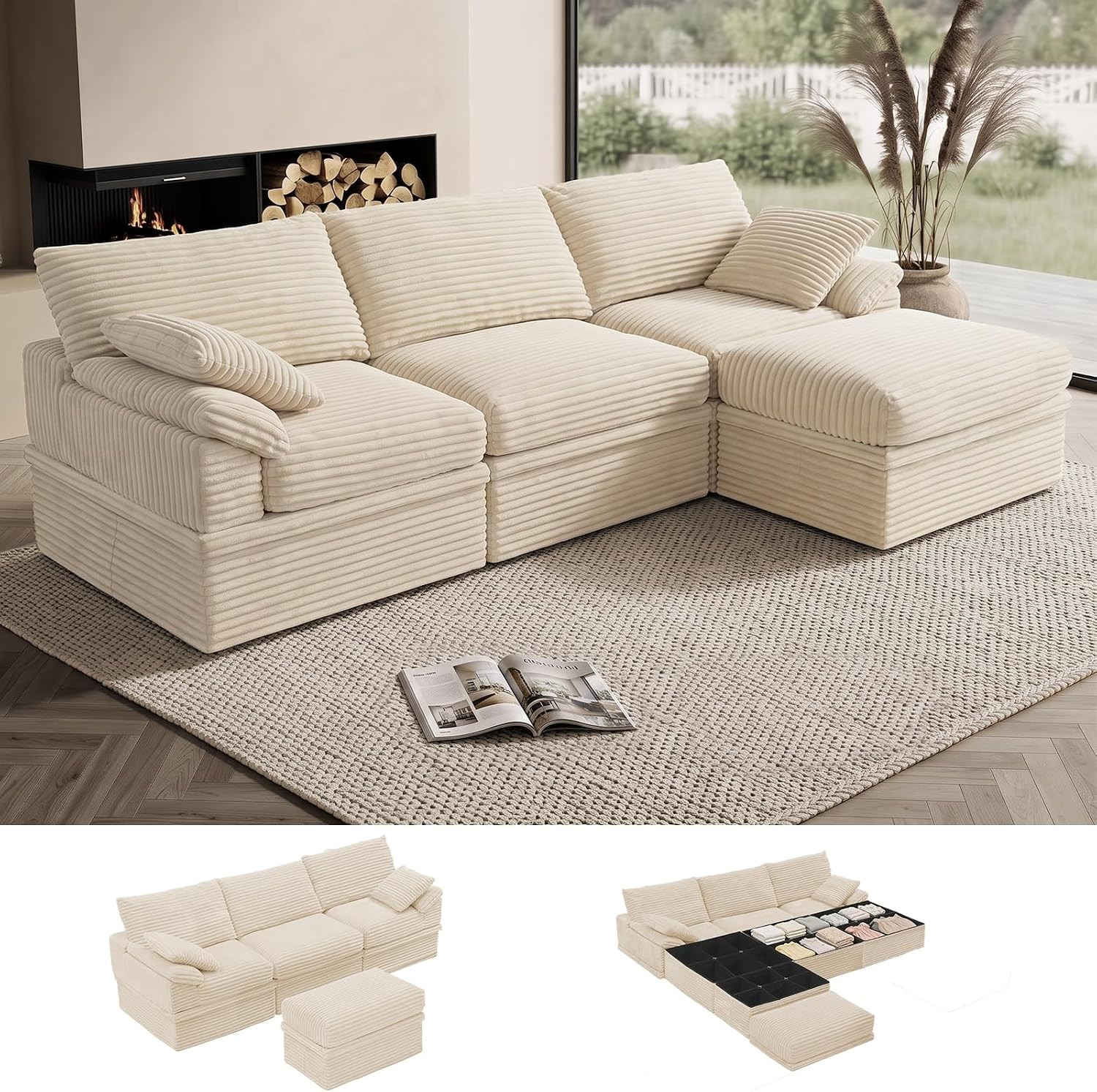 107" Boneless Couch with Storage, 48.6" Extra Deep-High Seat Modular Sectional Sofa with Ottoman, 3 Seater L Shaped Corduroy Cloud Couch, Tool-Free Assembly Sectional Couches for Living Room, Beige | Amazon (US)