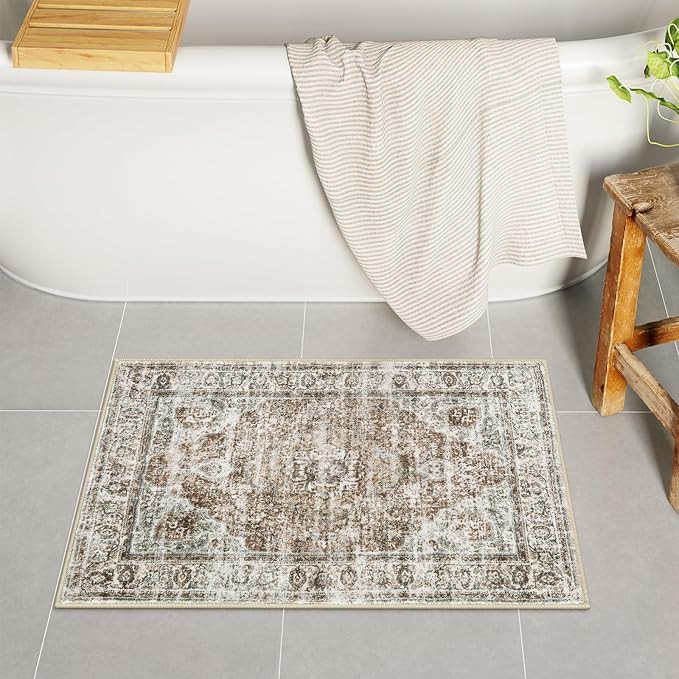 Uphome Boho Bathroom Rugs, Distressed Farmhouse Khaki Bath Mat, Comfy Velvet Small Bath Rugs Non ... | Amazon (US)