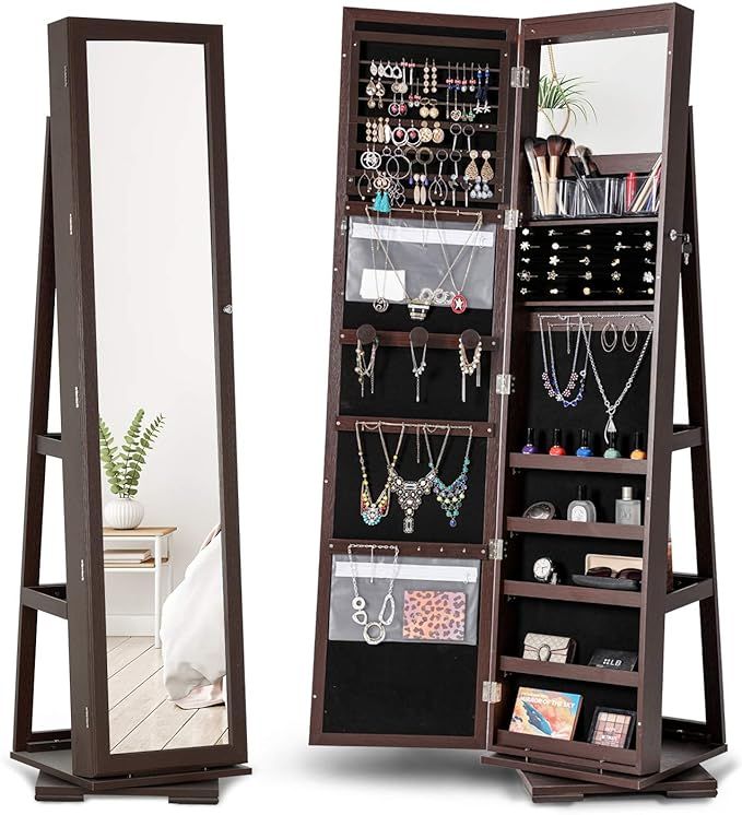 360 Rotating Jewelry Stand Organizer - Jewelry Armoire with Full-Length Mirror- Freestanding Dres... | Amazon (US)