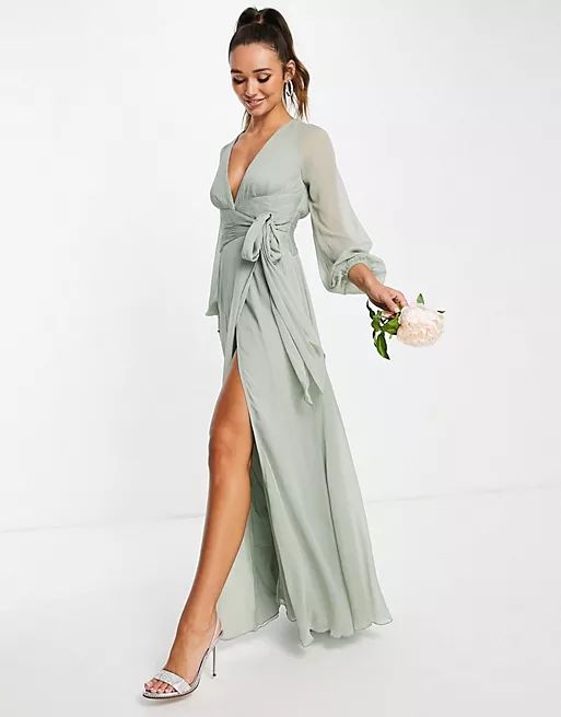 ASOS DESIGN Bridesmaid long sleeve ruched maxi dress with wrap skirt in olive | ASOS (Global)