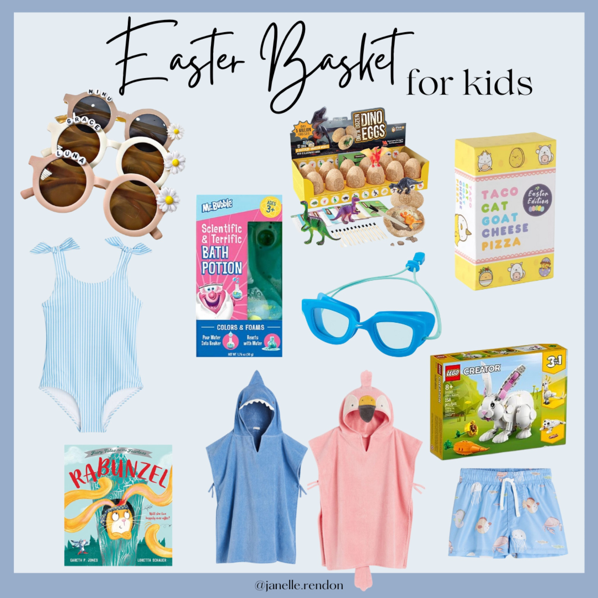 Easter basket ideas for kids- boys and girl ideas. Personalized sunglasses, games, books, new swimsuits and poncho towels ready for spring break! #LTKkids#LTKSpringSale

#LTKSeasonal