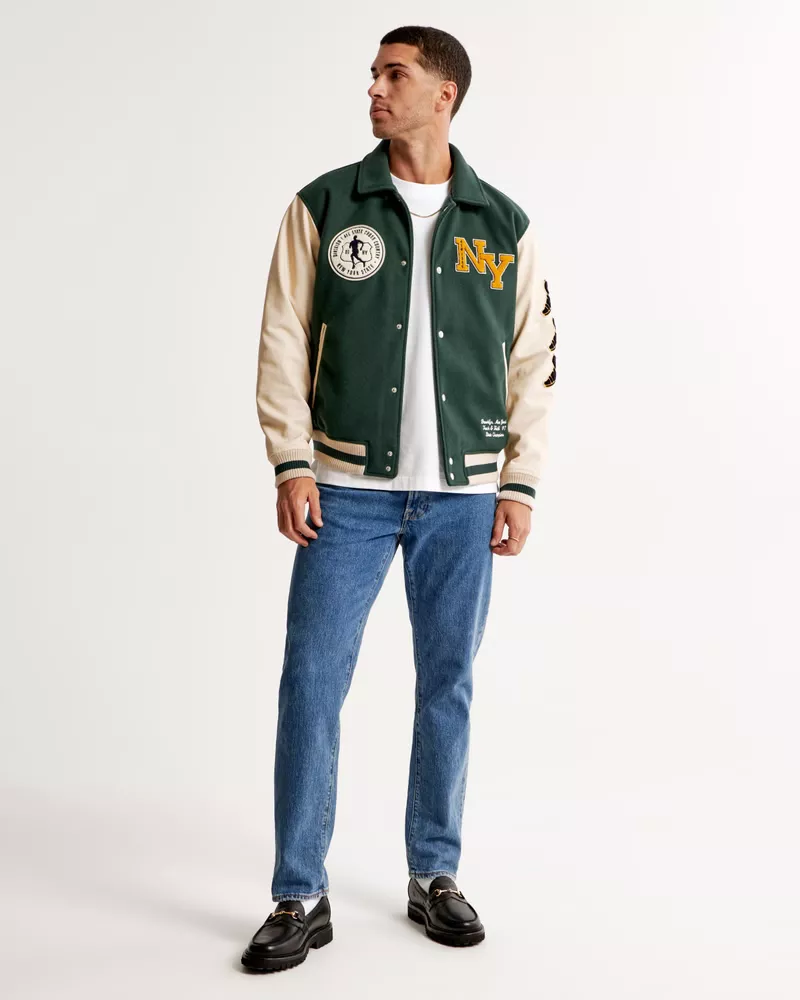 Men's Varsity Bomber Jacket in Cream | Size Xs | Abercrombie & Fitch