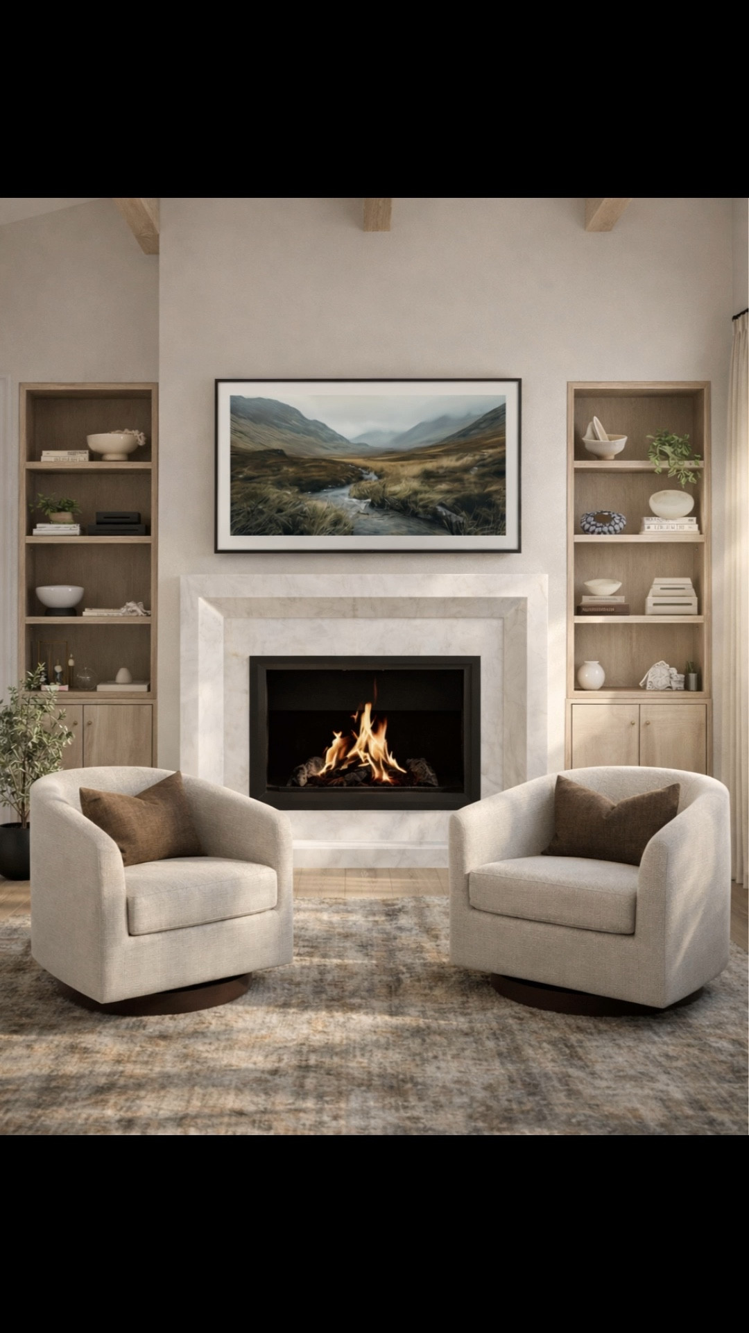 Cozy living room- swivel chairs and bookcase decor
Neutral aesthetic, accent chairs, Amazon home, wayfair, Pottery Barn style, Samsung tv, art, coffee. Table decor, pillow, Loloi rug, fireplace surround#LTKmomlife #LTKSaleAlert

#LTKhome