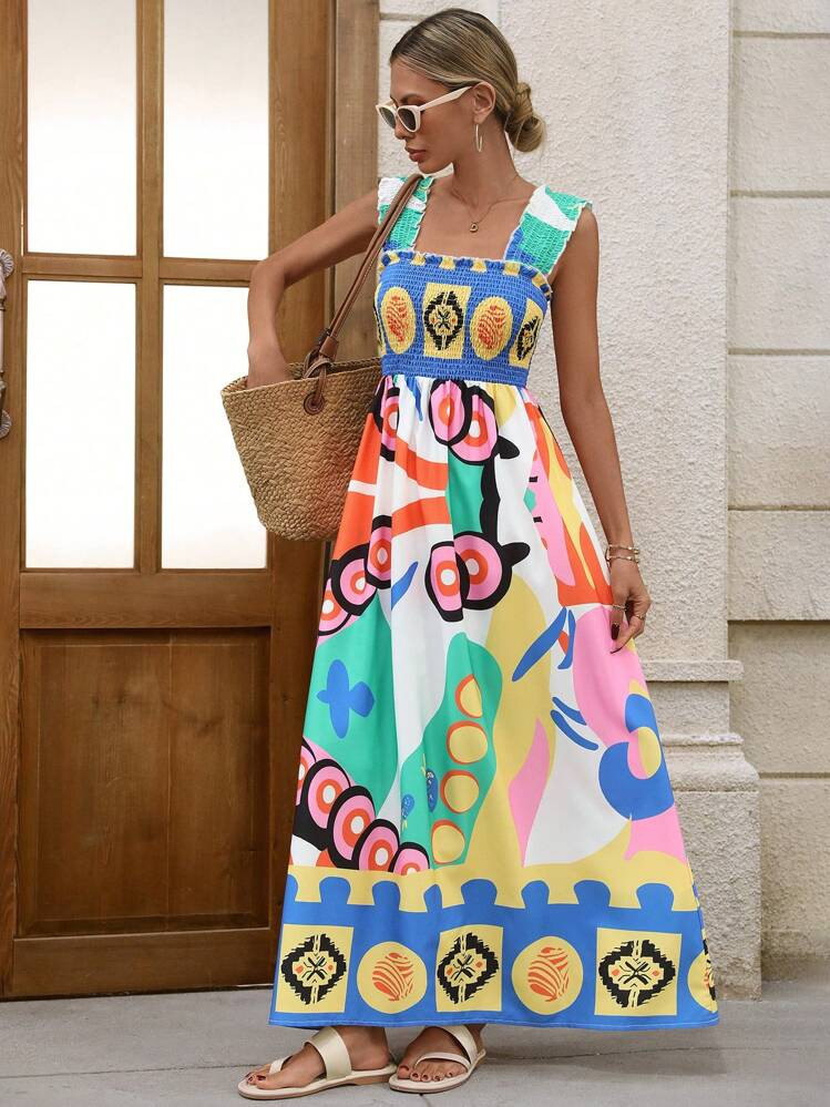 Brillora Women's Holiday Casual Random Print Sleeveless Long Dress,Summer Vacation Clothes,Resort... | SHEIN