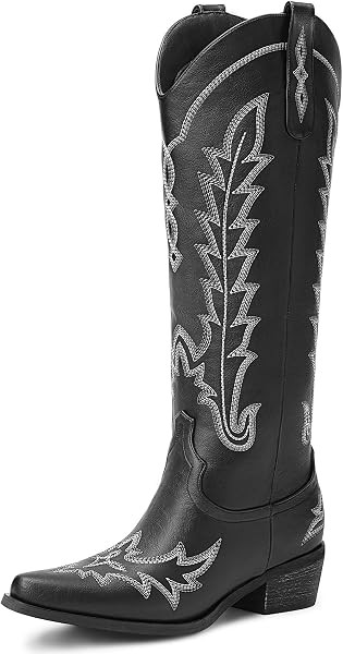 Rivalran Cowboy Boots for Women - Knee High Pointed Toe Chunky Heel Pull On Zipper Western Cowgir... | Amazon (US)
