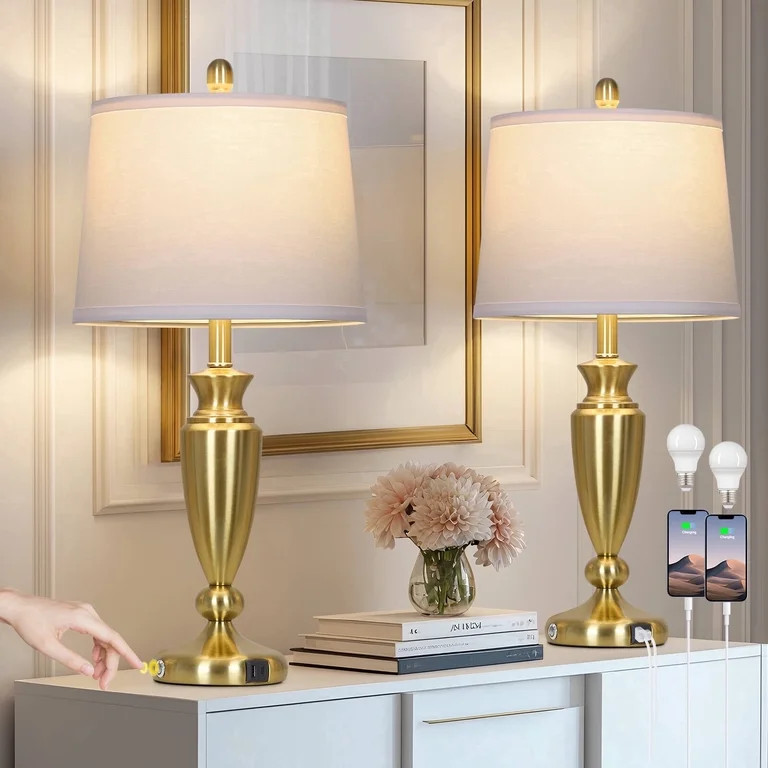 Cinkeda Table Lamps Set of 2 for Bedroom Living Room 27" Tall Gold Industrial Bedside Lamp with U... | Walmart (US)