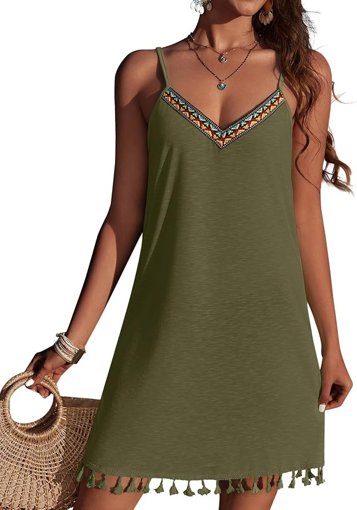 AI'MAGE Spaghetti Straps Swimsuit Coverup for Women Sleeveless Tassels Bathing Suit Cover Up V Ne... | Amazon (US)