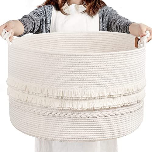 CherryNow Large White Woven Storage Basket, Boho Decorative Basket for Home Decor, Towel basket f... | Amazon (US)