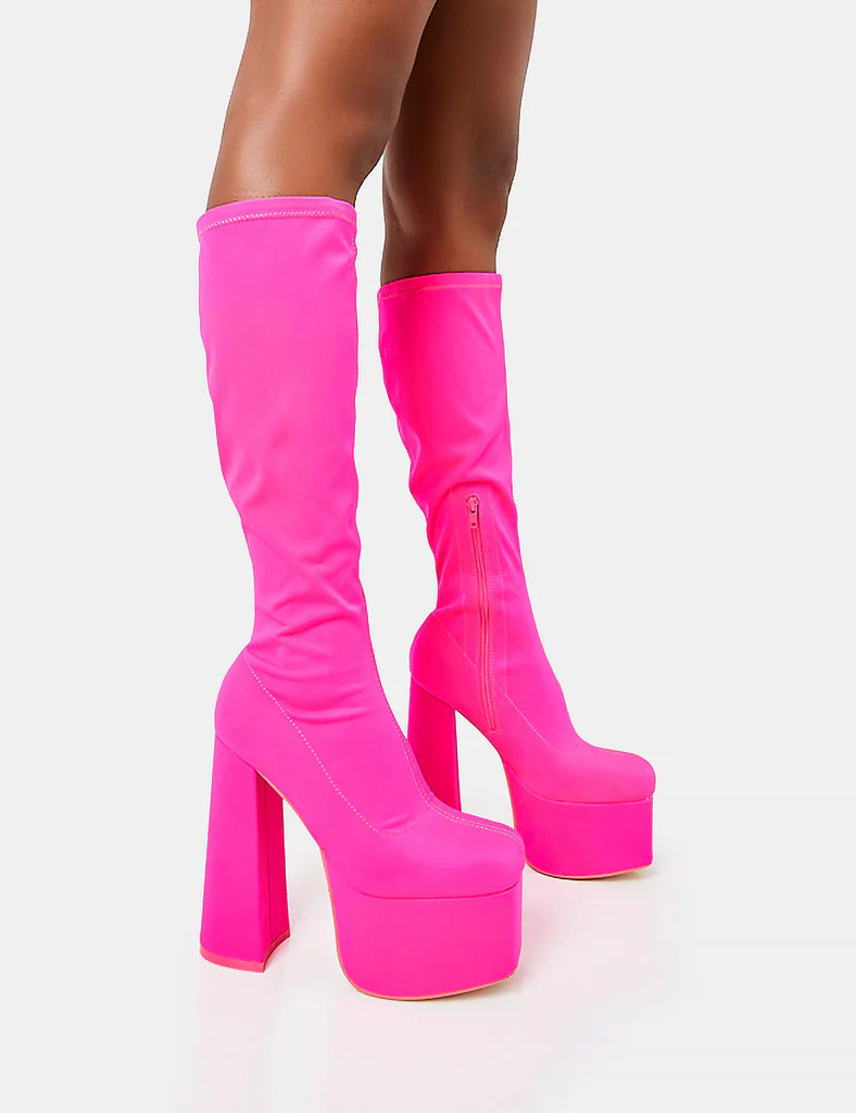 Polished Hot Pink Nylon Platform Rounded Square Toe Block Heeled Knee High Boots | Public Desire (US & CA)