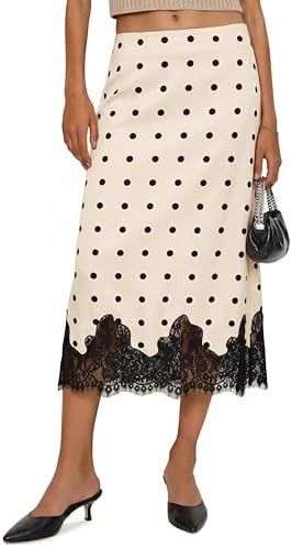Cicy Bell Womens Silk Satin Midi Skirts Casual Dressy Lace Hem High Waisted A-Line Skirt Elegant ... | Amazon (US)