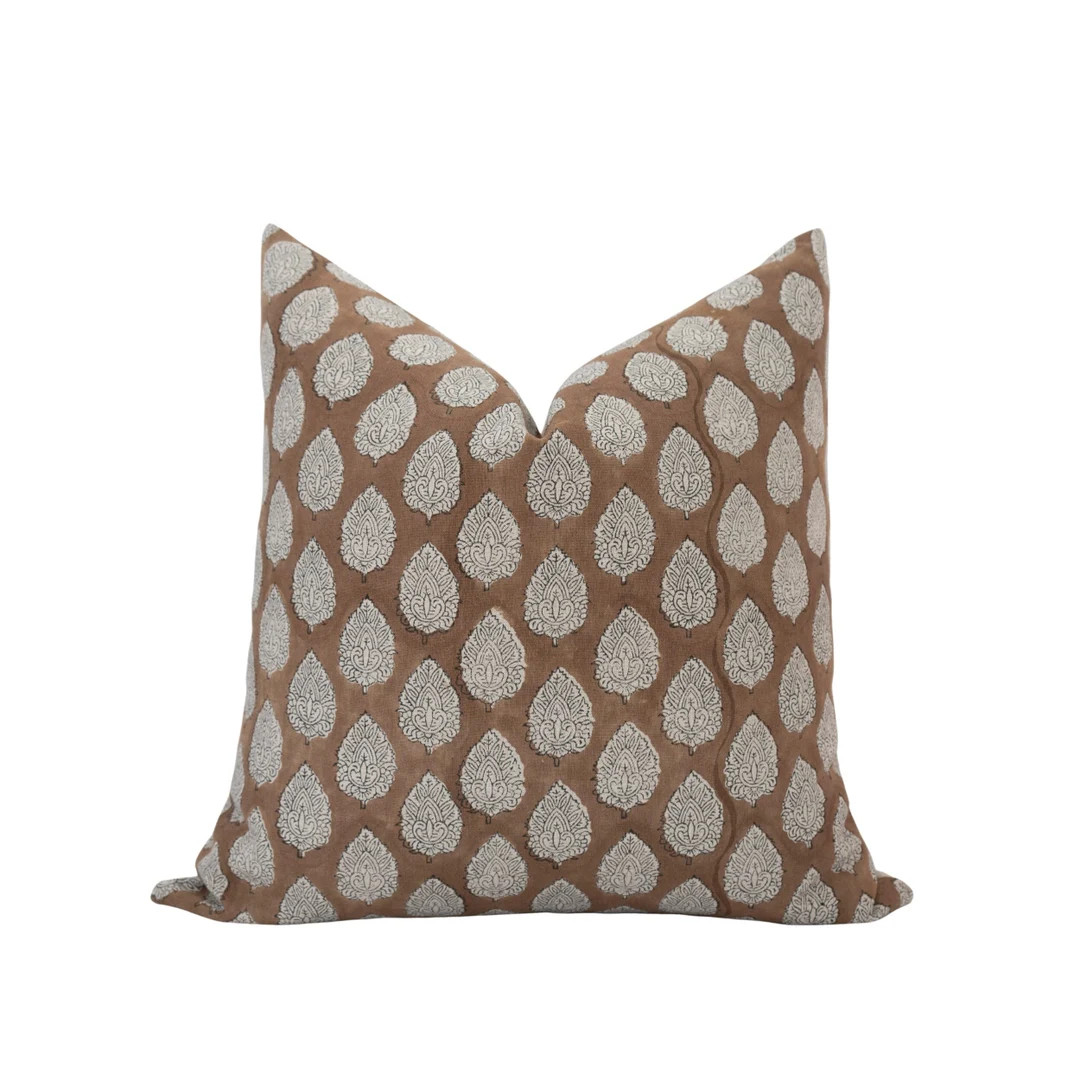 RAYNA || Caramel Block Print Pillow Cover Brown Floral Pillow Cover Fall Pillow Camel Pillow Desi... | Etsy (US)