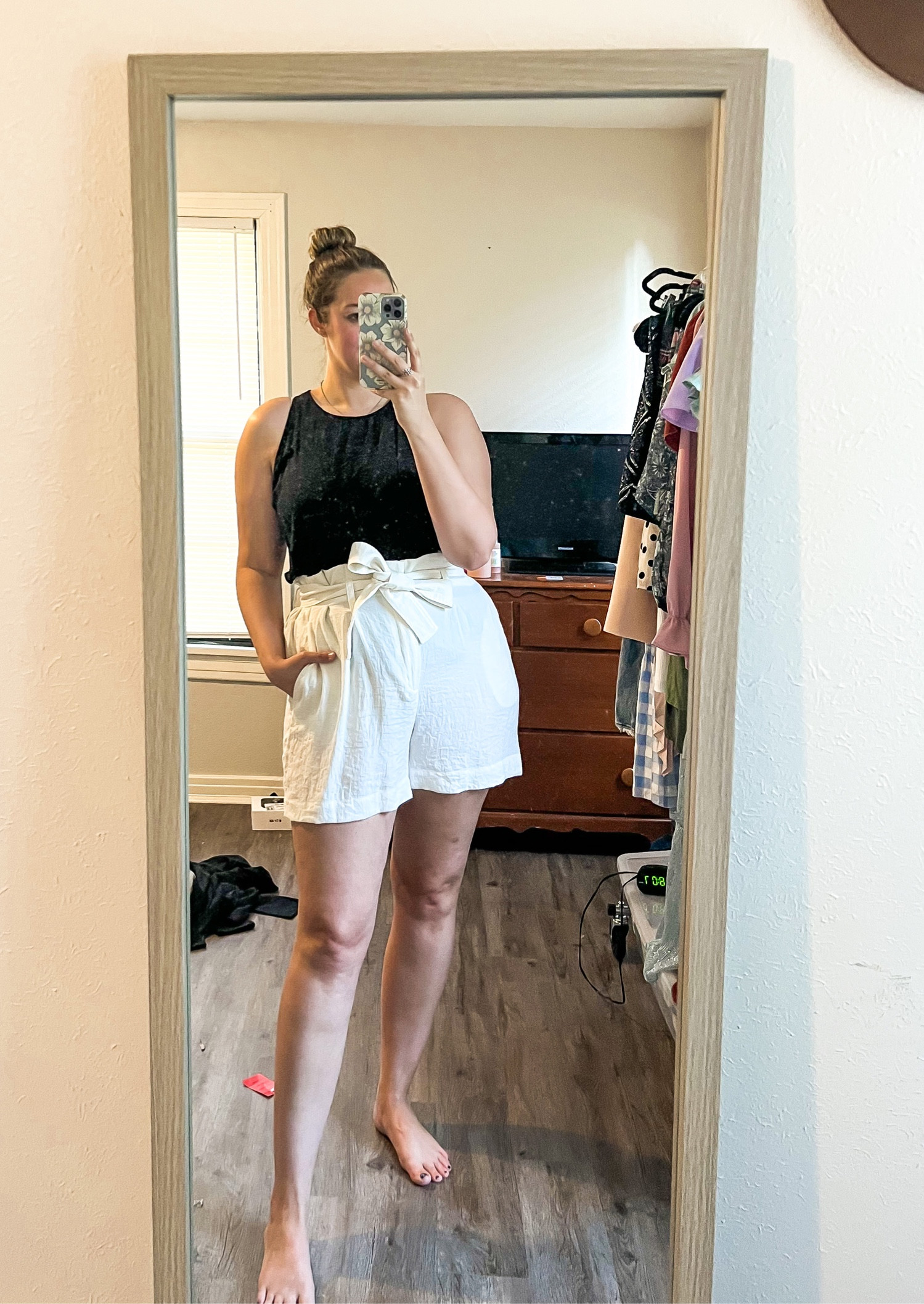 Monday 6.19.23 ootd - black tank from old navy (old version, linking similar) and target high waisted paper bag white shorts (old, linking similar)

Midsize, midsize outfit, ootd, outfit inspo, todays Outfit, summer outfit, summer style, classic style, neutral outfit, affordable outfit, casual outfit, vacation outfit 

#LTKSeasonal #LTKFind #LTKunder50