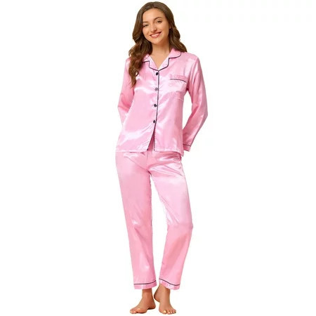 Unique Bargains Women s Satin 2pc Loungewear Button Down Silky Pajama Sleepwear Sets | Walmart (US)