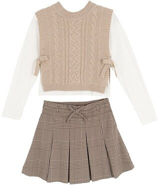 Tween Diva Big Girls Cable Knit Vest With Rib Knit Long Sleeve T-Shirt & Plaid Pleated Skort 3-Pi... | Dillard's
