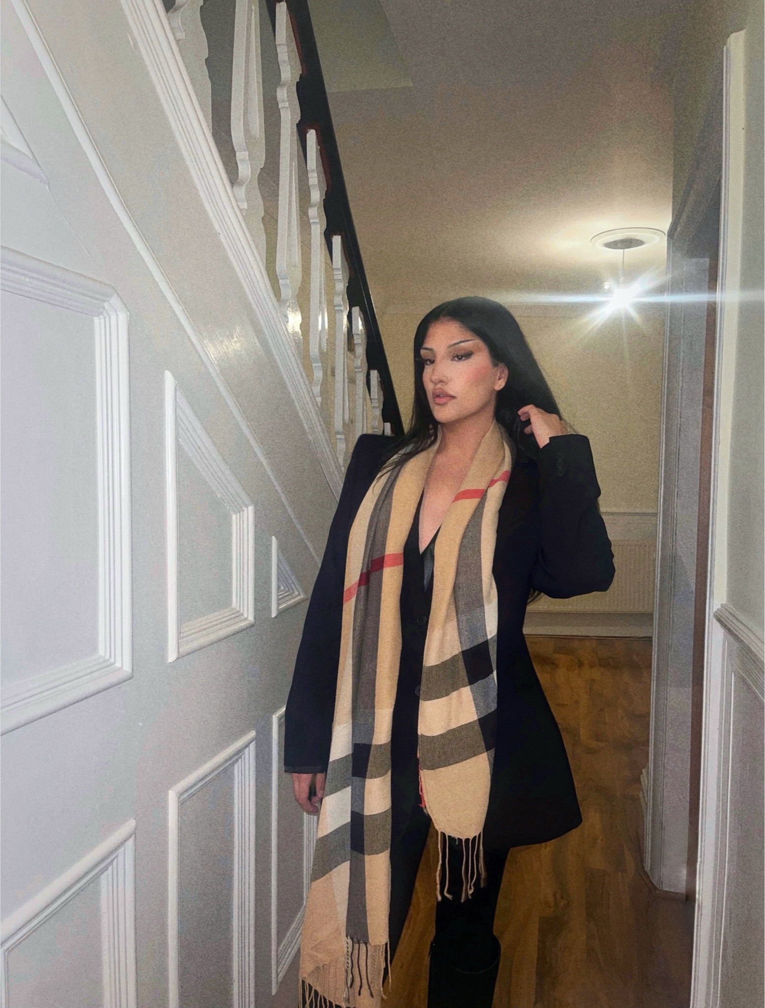 Dinner n drinks 
Black tailored blazer 
Men’s blazer 
Burberry scarf 
Black trousers 
Ysl aesthetic 
Knee high boot 

#LTKSeasonal #LTKworkwear #LTKBacktoSchool