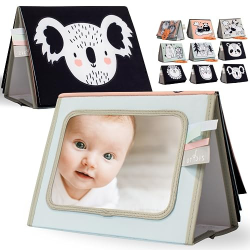 Soft Tummy Time Book w/ Large Stimulating Baby Safe Mirror - Fun High Contrast Montessori Toy w/ Mirror, Crinkle Filling & Silicone Teether - The Perfect Toy For Safe Early Newborn/Infant Development | Amazon (US)