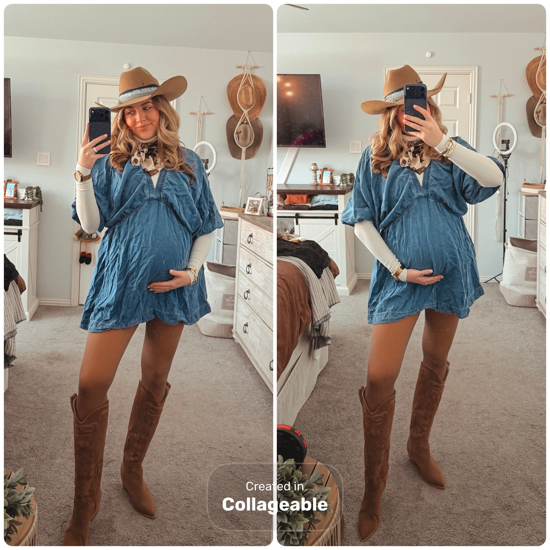 Country concert outfit. Denim outfit. Maternity fashion. Bump friendly. Winter outfit. Cowboy boots.Fleece lined tights.

#LTKootd #LTKSeasonal #LTKBump