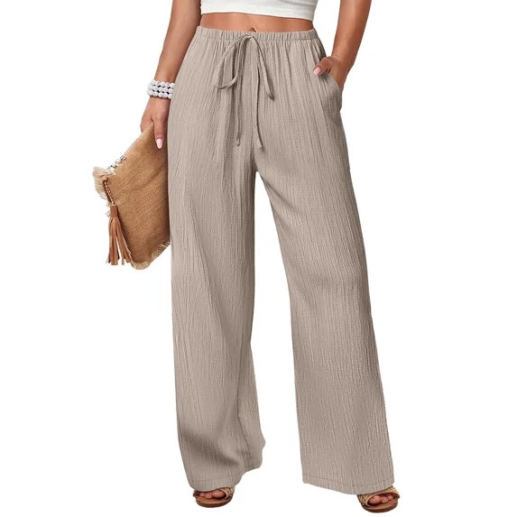 ANRABESS Womens Casual Wide Leg Pants Elastic Waist Drawstring Lightweight Flowy Beach Palazzo Pa... | Walmart (US)