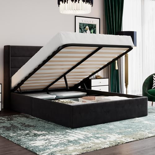 SHA CERLIN Full Size Lift Up Storage Bed/Velvet Upholstered/Modern Wingback Headboard/Upholstered Platform Bed Frame/Hydraulic Storage/No Box Spring Needed/Black | Amazon (US)