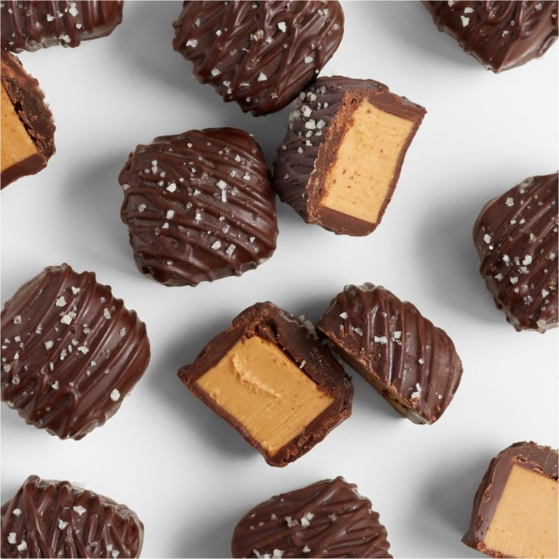 Dark Chocolate Peanut Butter Bites with Sea Salt in Gift Tin + Reviews | Crate & Barrel | Crate & Barrel