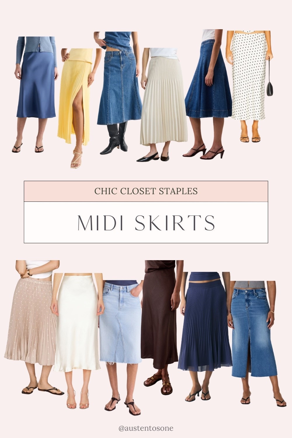 Midi skirts in different styles! I love the mix of denim, pleated and silk midi skirt styles.

#LTKootd