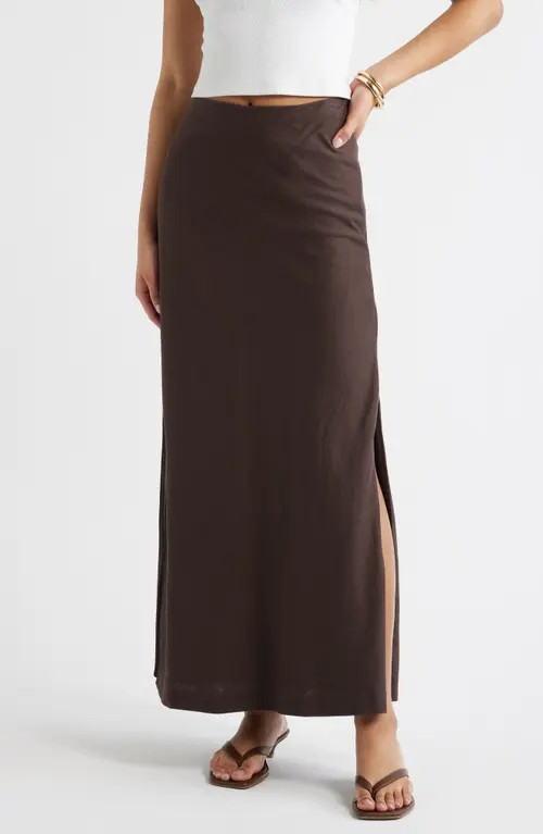 Open Edit Linen Blend Column Maxi Skirt in Brown Seal at Nordstrom, Size Xx-Small | Nordstrom