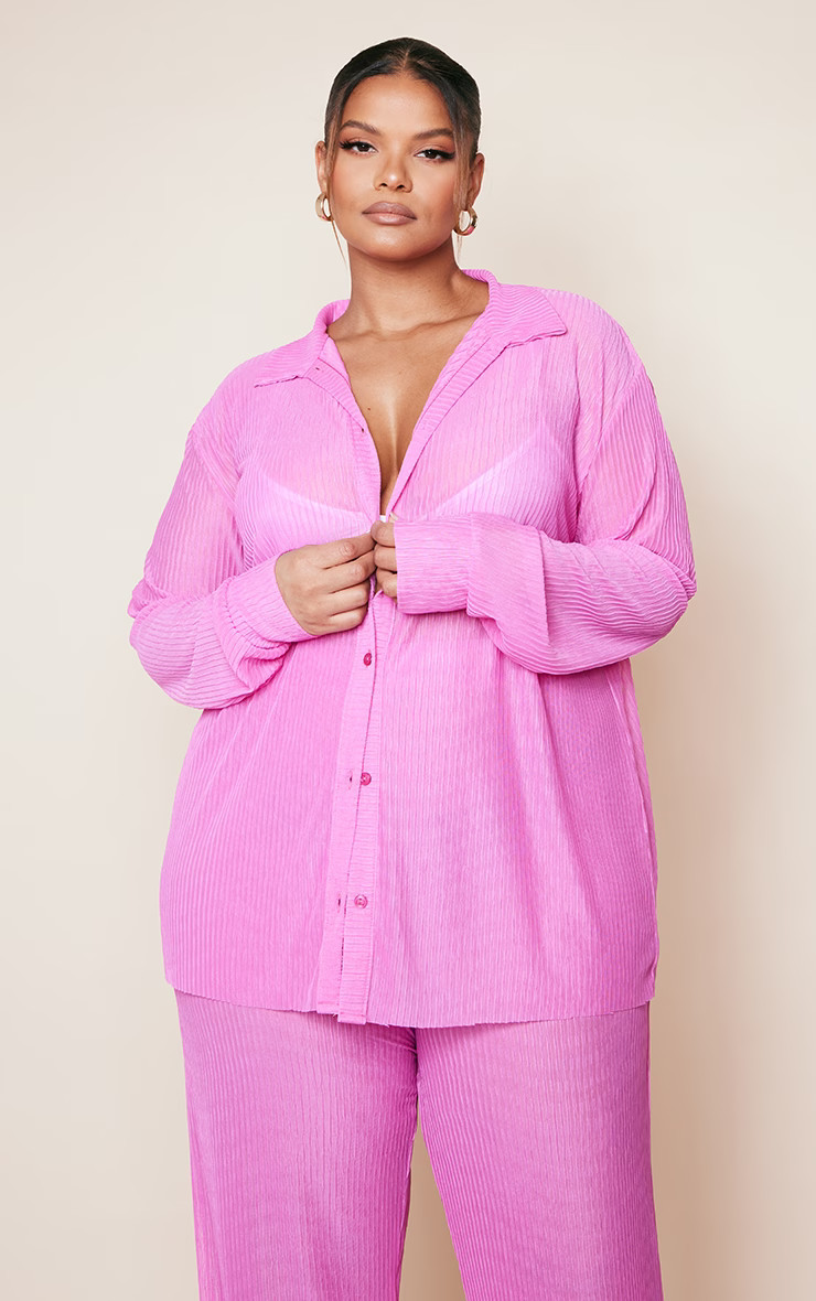Plus Hot Pink Sheer Plisse Oversized Shirt | PrettyLittleThing US