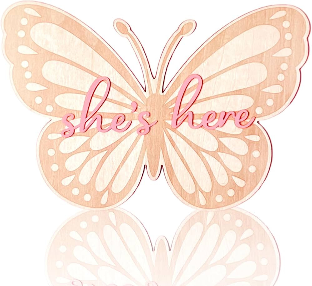 She’s Here Baby Sign, Wooden Baby Announcement Sign for Hospital, Butterfly She's Here Baby Sig... | Amazon (US)