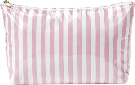 Large PVC Waterproof Striped Makeup Bag,Clear Coated Cosmetic Bags,Easy to Clean,Travel Organizer... | Amazon (US)