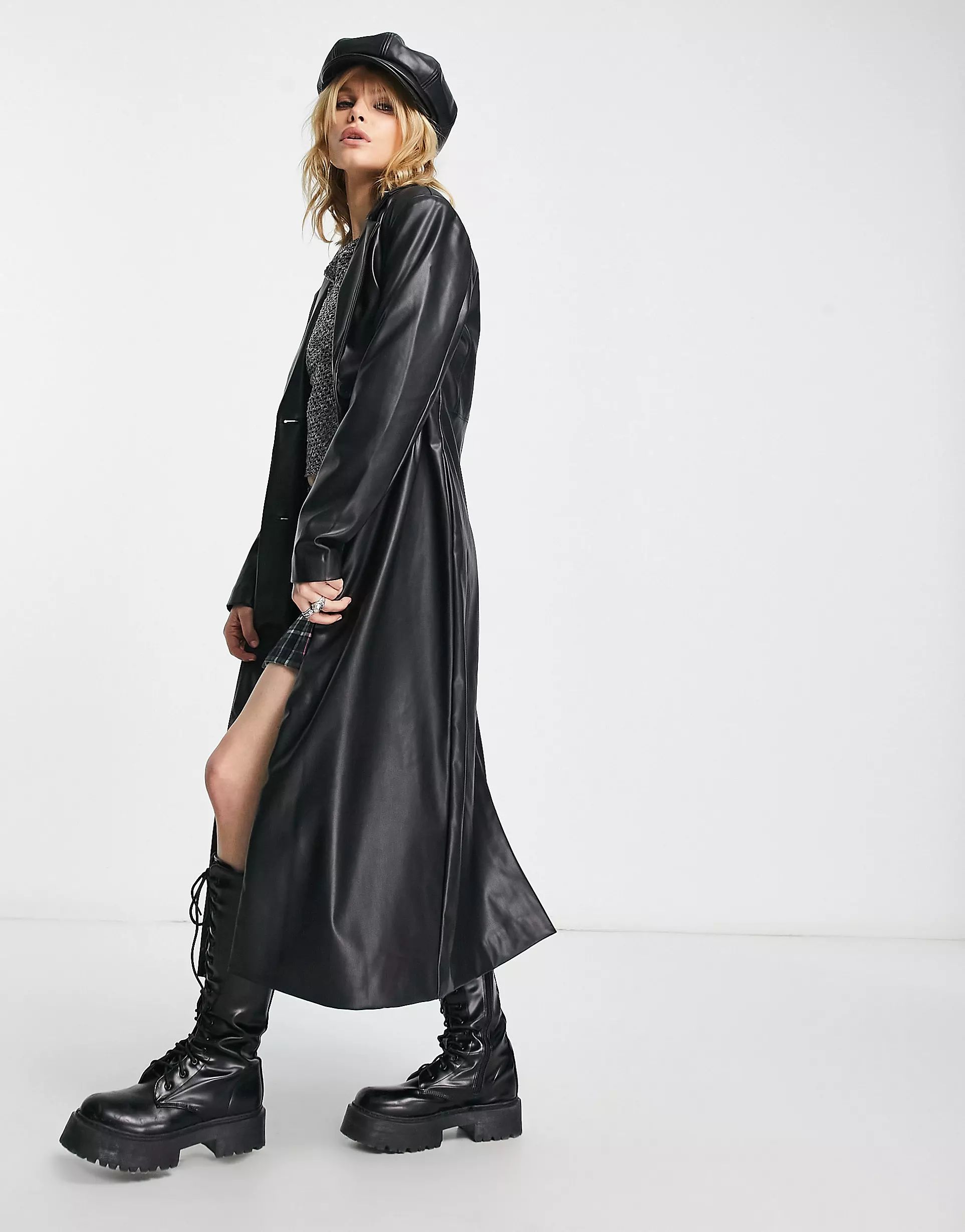 Only faux leather longline trench coat in black | ASOS (Global)