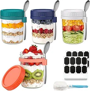 4 Pack Overnight Oats Containers with Lids and Spoons, 16 oz Airtight Oatmeal Container with Meas... | Amazon (US)
